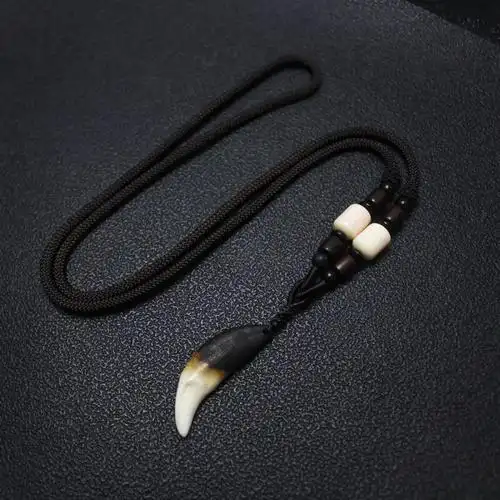 男士中长款秋冬狼牙项链天珠黑曜石挂绳狗牙吊坠男女生百搭毛衣链