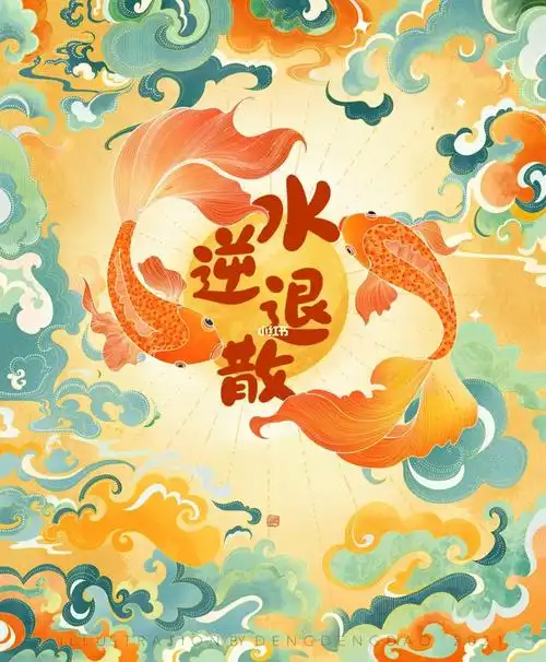 国潮插画九月锦鲤水逆退散附线稿